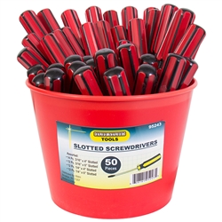 Tuff Stuff 95243 50 Pieces Slotted Screwdriver In A Bucket, 14 Pieces 3/16"X4", 12 Pieces 3/16"X6", 12 Pieces 1/4"X4", 12 Pieces 1/4"X6", Ideal for easy installation and assembly work.