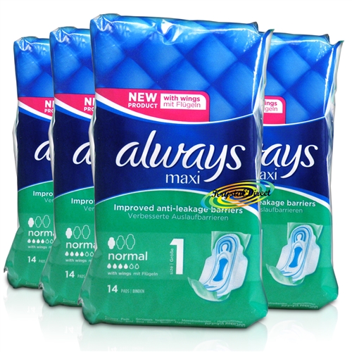 4x Always Maxi Normal 14 Sanitary Pads With Wings Absorbent Leakage Barriers