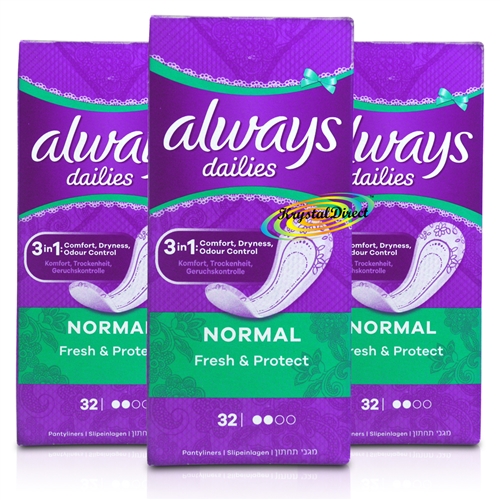 3x Always Dailies 32 Normal Fresh & Protect Odour Neutralising Pantyliners Pads