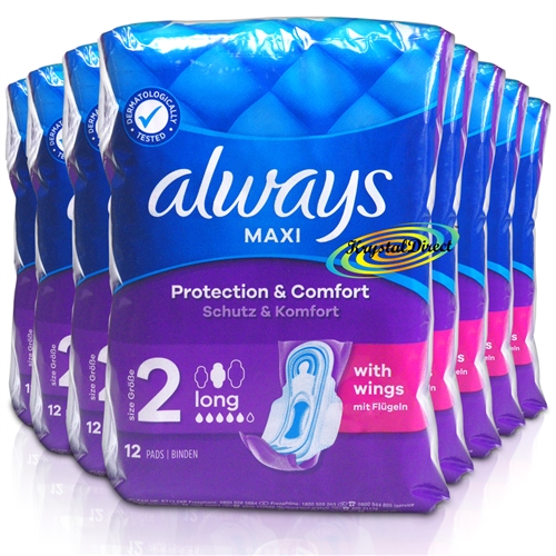 8x Always Maxi Long Sanitary Towels With Wings 12 Pads