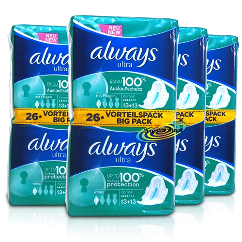 4x Always Ultra Normal 26 Sanitary Pads With Wings Absorbent Odour Neutralising
