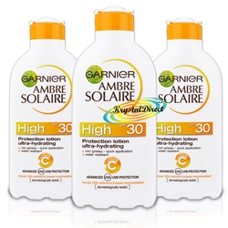 3x Garnier Ambre Solaire High SPF 30 Protection Milk Lotion Ultra Hydrating 200ml