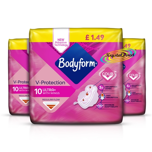 3x Bodyform V protection Ultra Pads With Wings Regular Flow 10 Pads