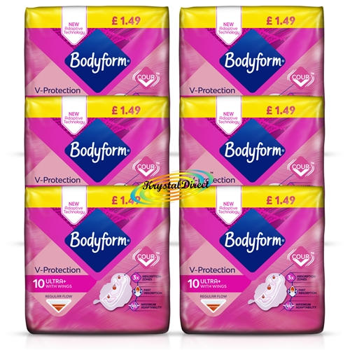 6x Bodyform V protection Ultra Pads With Wings Regular Flow 10 Pads