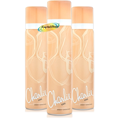 3x Charlie CHIC Body Spray Fragrance 75ml - Amber + Sandalwood Scent