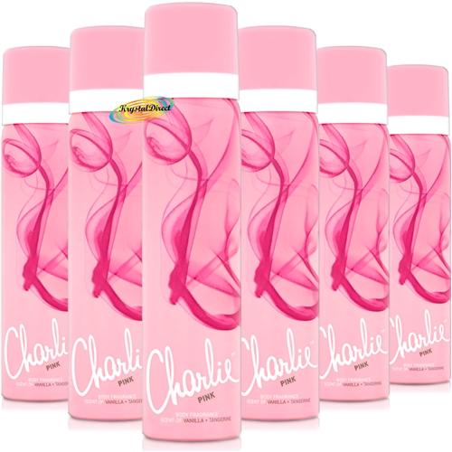 6x Charlie PINK Body Spray Fragrance 75ml - Vanilla + Tangerine Scent