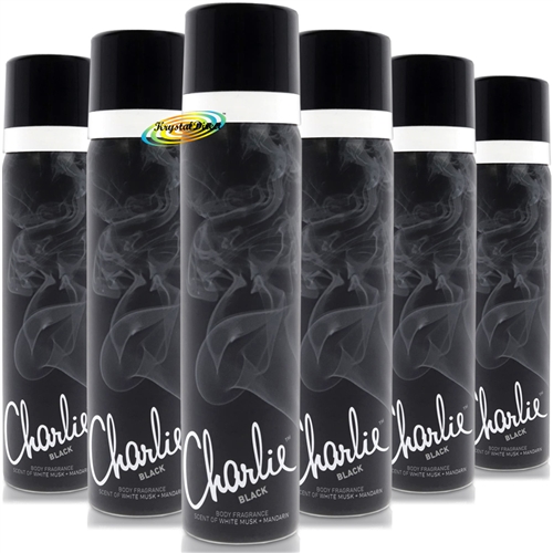 6x Charlie BLACK Body Spray Fragrance 75ml - White Musk + Mandarin