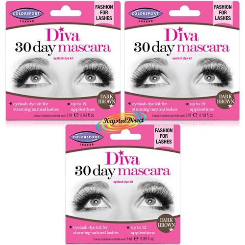 3x Colorsport Diva 30 Day Mascara Eyelash Dye Kit DARK BROWN