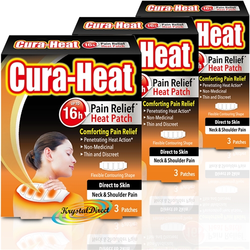 3x Cura Heat Pads Neck & Shoulder Direct to Skin 3 Patches 16H Warm Pain Relief