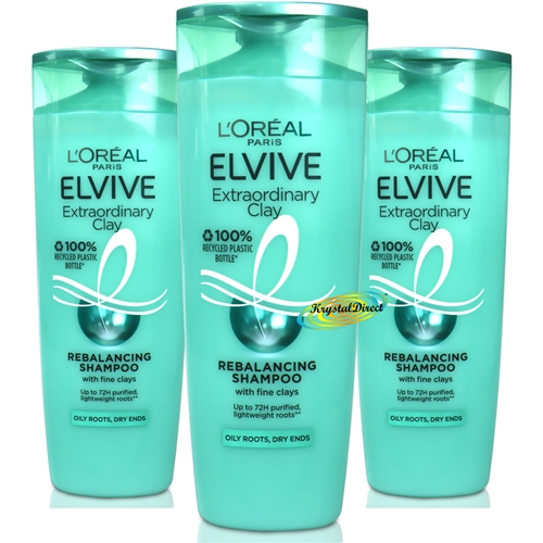 3x Loreal Elvive Extraordinary Clay Re Balancing Shampoo 400ml Oily Roots