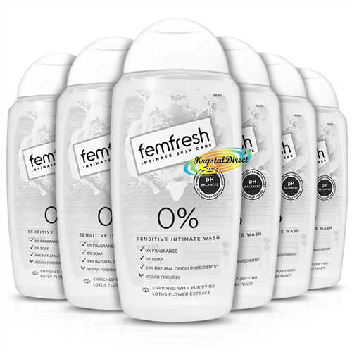 6x Femfresh 0% Sensitive Intimate Hygiene Wash 250ml Soap & Fragrance Free