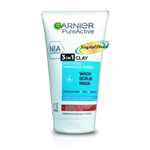 Garnier Pure Active 3 in 1 Clay Face Wash Scrub Mask 150ml with Niacinamide