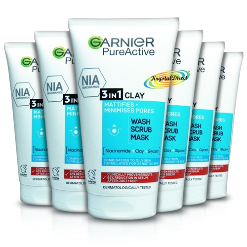 6x Garnier Pure Active 3 in 1 Clay Face Wash Scrub Mask 150ml with Niacinamide