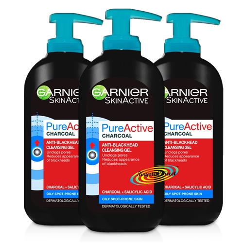 3x Garnier Pure Active Charcoal Anti Blackhead Cleansing Gel Wash 200ml