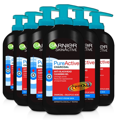 6x Garnier Pure Active Charcoal Anti Blackhead Cleansing Gel Wash 200ml