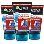 3x Garnier Pure Active 3 in 1 Charcoal Facial Scrub Wash Mask 150ml