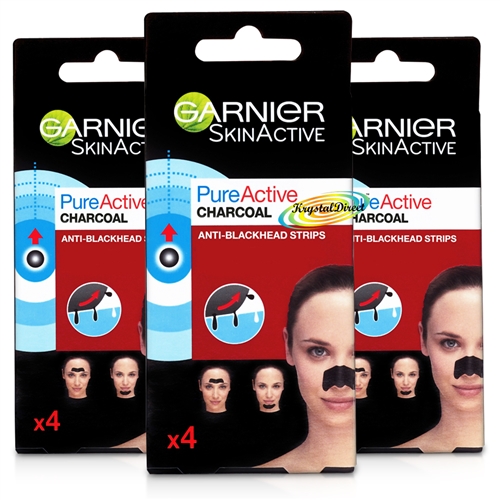 3x Garnier Pure Active Charcoal Anti Blackhead Nose Forehead Chin Strips 4pcs