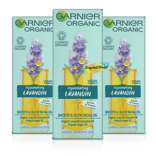 3x Garnier Organic Rejuvenating Lavandin Smooth & Glow Facial Oil 30ml
