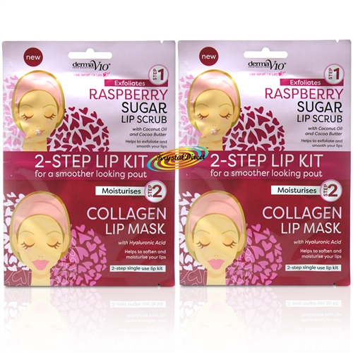 2x Derma V10 2 Step Kit RASPBERRY Sugar Lip Scrub & Collagen Lip Mask