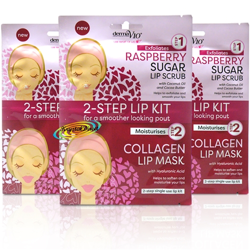 3x Derma V10 2 Step Kit RASPBERRY Sugar Lip Scrub & Collagen Lip Mask