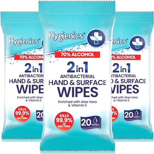 3x Hygienics 2in1 Antibacterial Hand & Surface Wipes 70% Alcohol - 20 Wipes