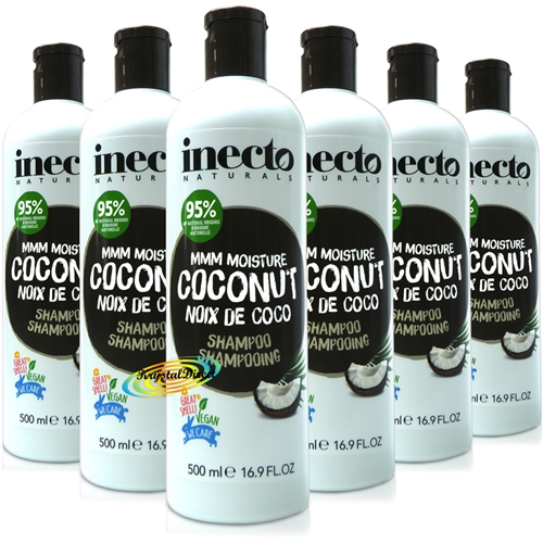 6x Inecto Naturals Organic Coconut Oil Moisture Hair Care Shampoo 500ml