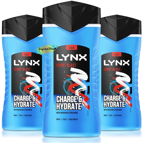 3x Lynx Sport Blast 3 in 1 Body, Hair & Face Wash Bath Shower Gel 225ml