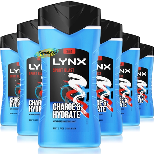 6x Lynx Sport Blast 3 in 1 Body, Hair & Face Wash Bath Shower Gel 225ml