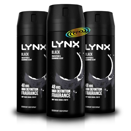 3x Lynx Black Body Spray Deodorant 48H Frozen Pear & Cedarwood Scent 150ml