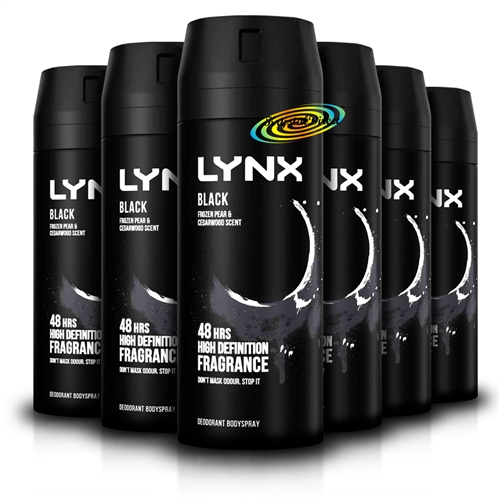 6x Lynx Black Body Spray Deodorant 48H Frozen Pear & Cedarwood Scent 150ml