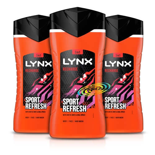 3x Lynx Recharge Sport Refresh Mint & Cool Spices Shower Gel 225ml