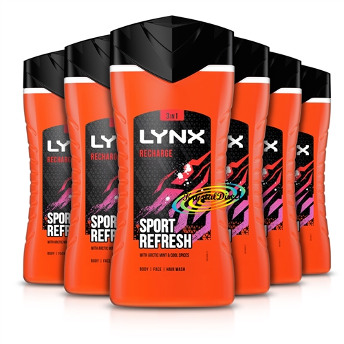 6x Lynx Recharge Sport Refresh Mint & Cool Spices Shower Gel 225ml