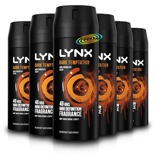 6x Lynx Dark Temptation Body Spray Deodorant 48H Dark Chocolate Scent 150ml