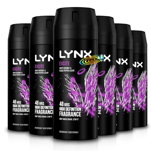 6x Lynx Excite Deodorant Body Spray 48H High Definition Fragrance 150ml