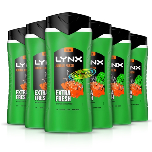 6x Lynx Jungle Extra Fresh Palm Leaves & Amber Shower Gel 225ml