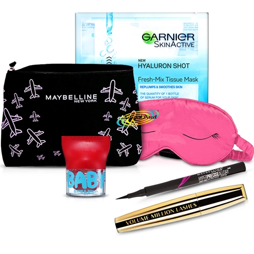 Maybelline Makeup Travel Kit Bag Lip Balm + Eye Liner + Mascara + Tissue Mask
