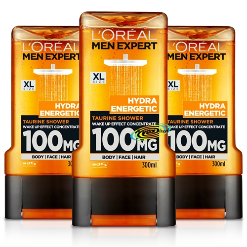 3x L'Oreal Men Expert Hydra Energetic Taurine Shower Gel 300ml Face Body & Hair
