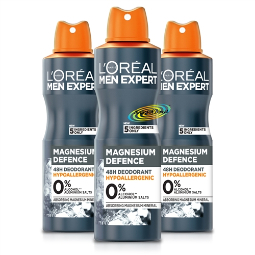 3x Loreal Men Expert Magnesium Defence Hypoallergenic 48H Deodorant Spray 250ml