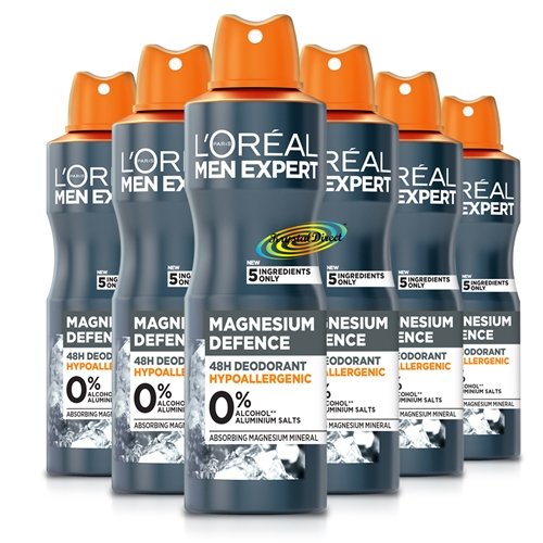 6x Loreal Men Expert Magnesium Defence Hypoallergenic 48H Deodorant Spray 250ml