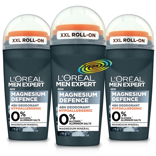 3x Loreal Men Expert Magnesium Defence Hypoallergenic 48H Roll-On Deodorant 50ml