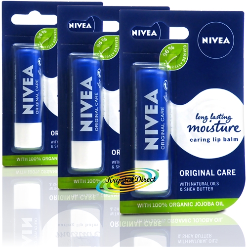 3x Nivea Original Care Long Lasting Moisturising Lip Balm 4.8g