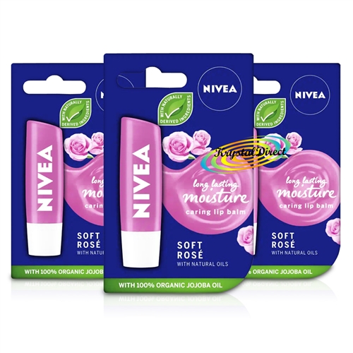 3x Nivea Soft Rose Caring Long Lasting Moisture Lip Balm 4.8g