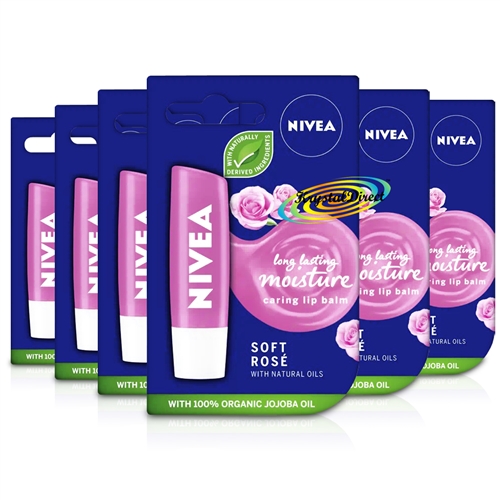 6x Nivea Soft Rose Caring Long Lasting Moisture Lip Balm 4.8g