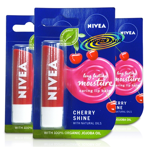 3x Nivea Fruity Shine Cherry Aroma Gloss Lip Balm Stick Dry Chapped Lip Care