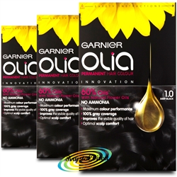 3x Garnier Olia 1.0 Deep Black Permanent Hair Colour No Ammonia Dye