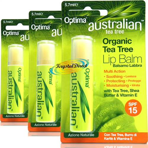 3x Optima Australian Tea Tree Organic Lip Balm SPF15 with Shea Butter 5.7ml