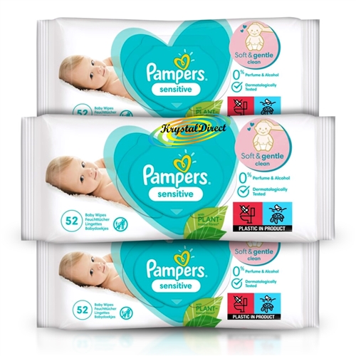 3x Pampers Sensitive Alcohol Free Baby Wet Wipes (52 Wipes)