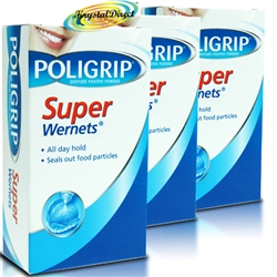 3x Poligrip Super Wernets Denture Fixative Powder Seals Out Food Particles 50g