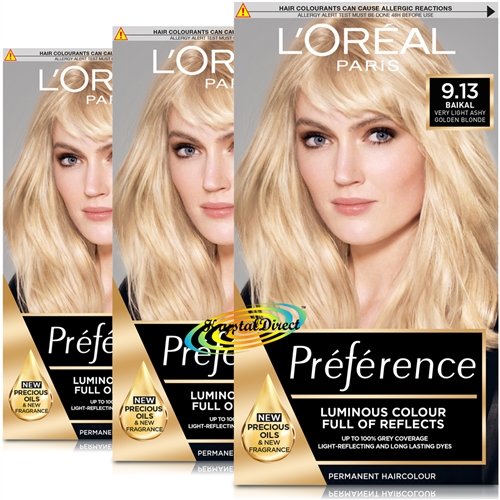 3x Loreal Preference BAIKAL 9.13 Very Light Ashy Golden Blonde Hair Colour Dye