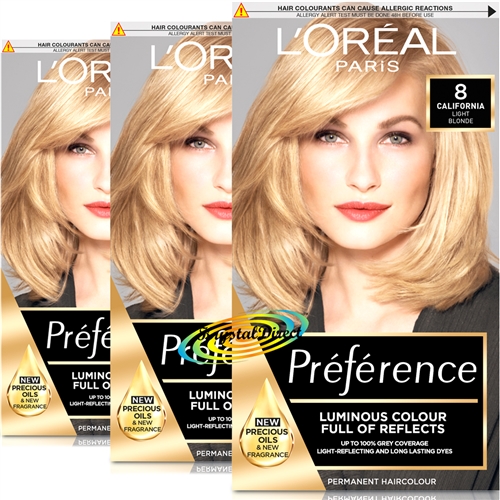 3x Loreal Preference 8 California LIGHT BLONDE Permanent Hair Colour Dye